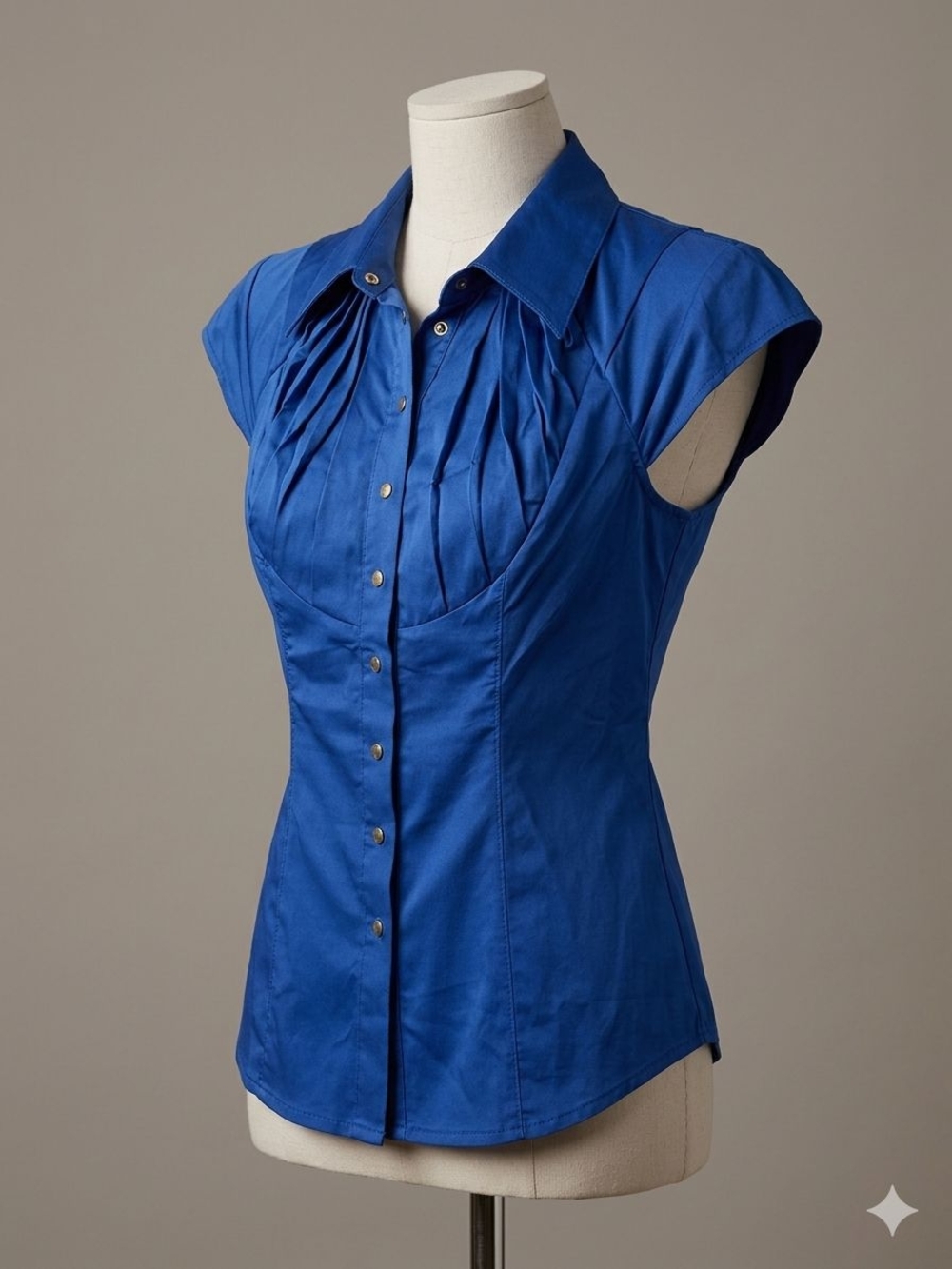 Guess Royal Blue Cap-Sleeve Pintuck Satin Blouse Ruffle Button Front Dressy Top
